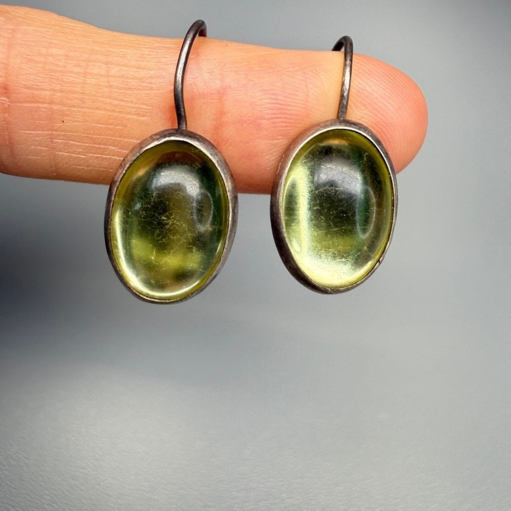 Vintage Sterling Silver Drop Earrings Bezel Green Glass Silver Tone Bohemian